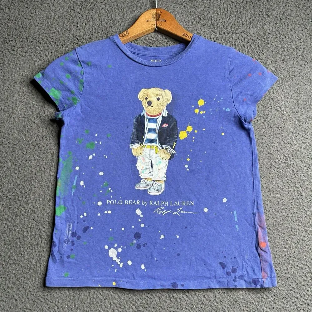 Ralph Lauren Polo Bear Girls T-Shirt Blue Size M (8-10) Short Sleeve